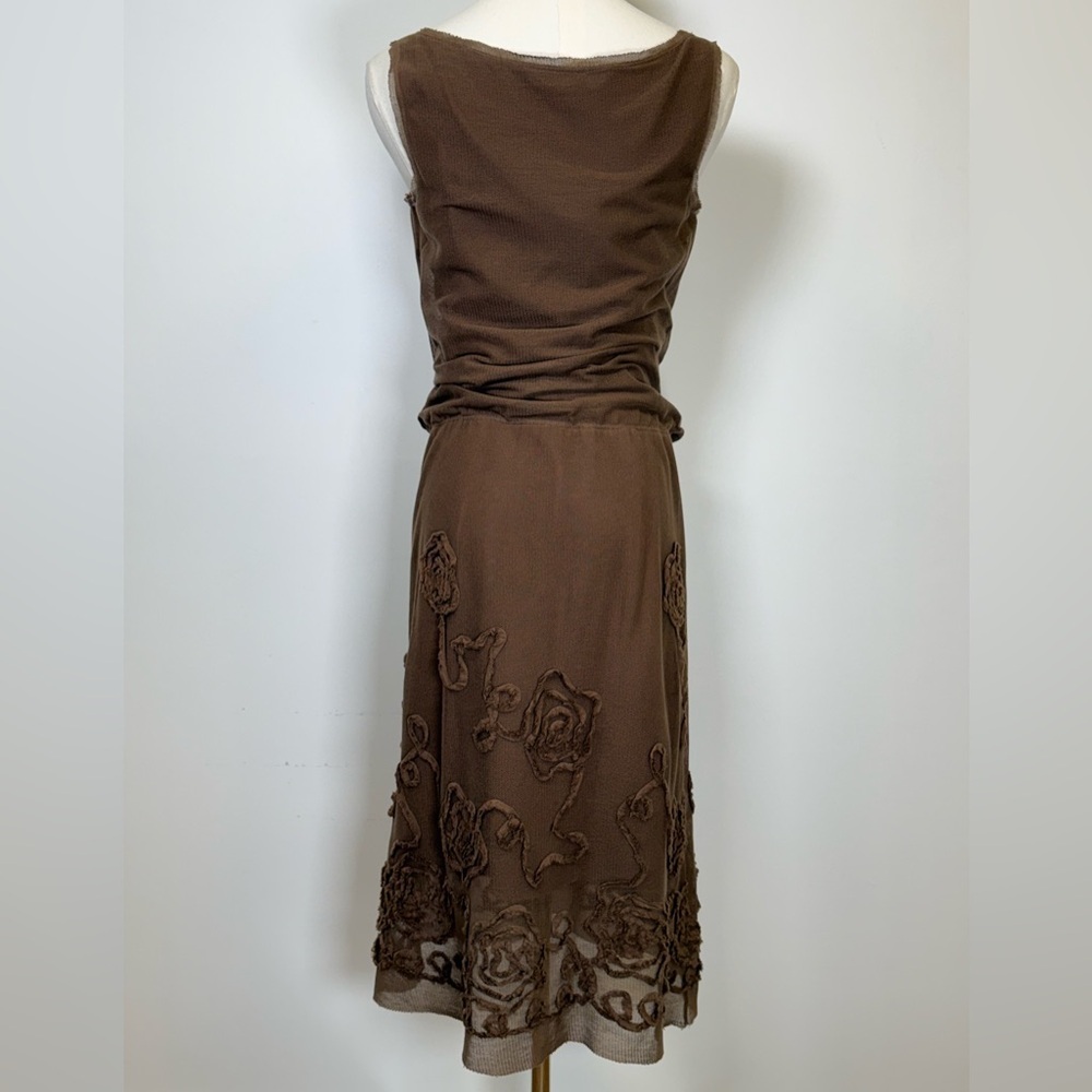 Max Studio Y2K Sleeveless Ruched Floral Appliqué Brown Midi Dress Women’s  XS - Picture 7 of 14